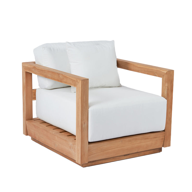 Fauteuil en teck recyclé avec coussins blancs pour extérieur ou véranda – 85x77 cm