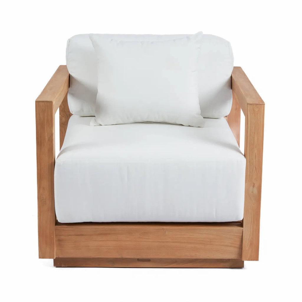 Fauteuil en teck recyclé avec coussins blancs pour extérieur ou véranda – 85x77 cm