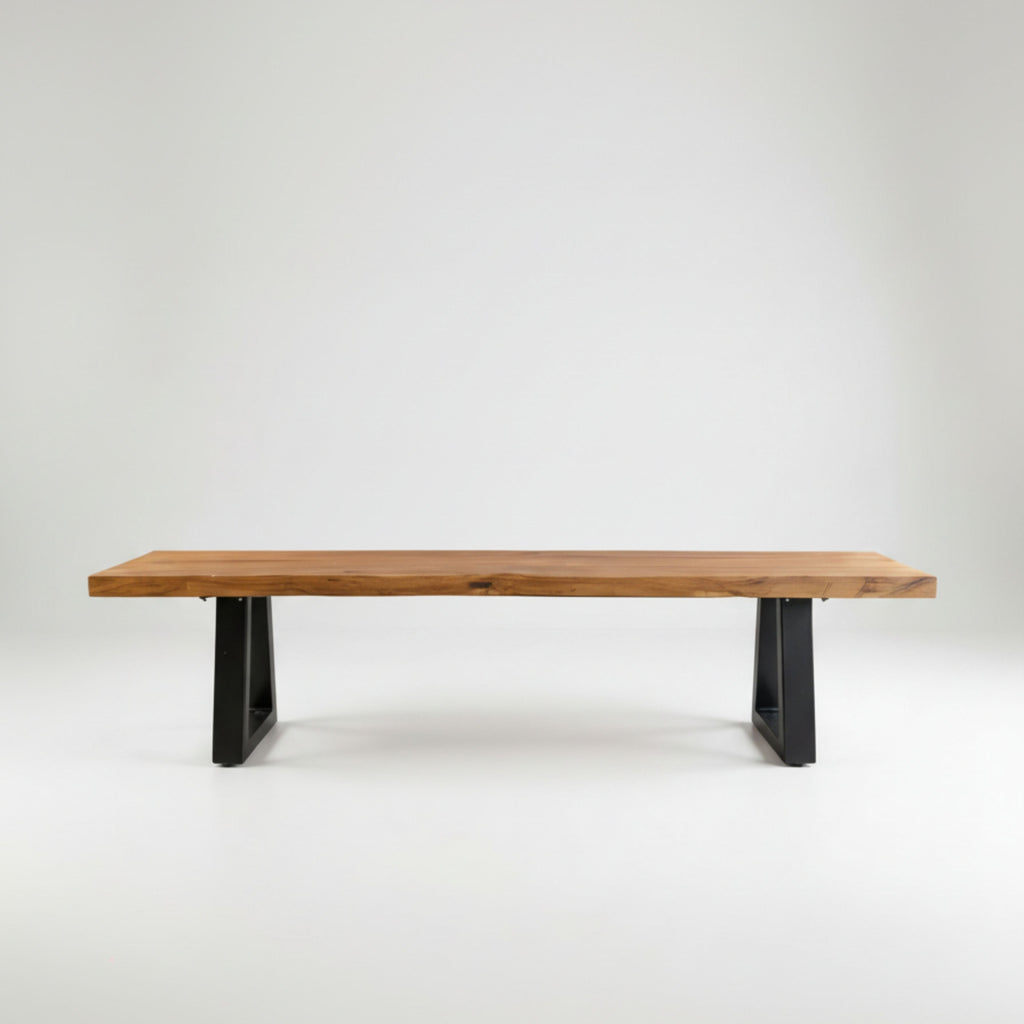 Banc en teck recyclé pieds en métal noir rectangulaire – 220x100 cm