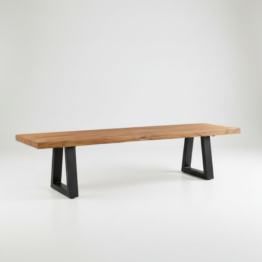 Banc en teck recyclé pieds en métal noir rectangulaire – 220x100 cm