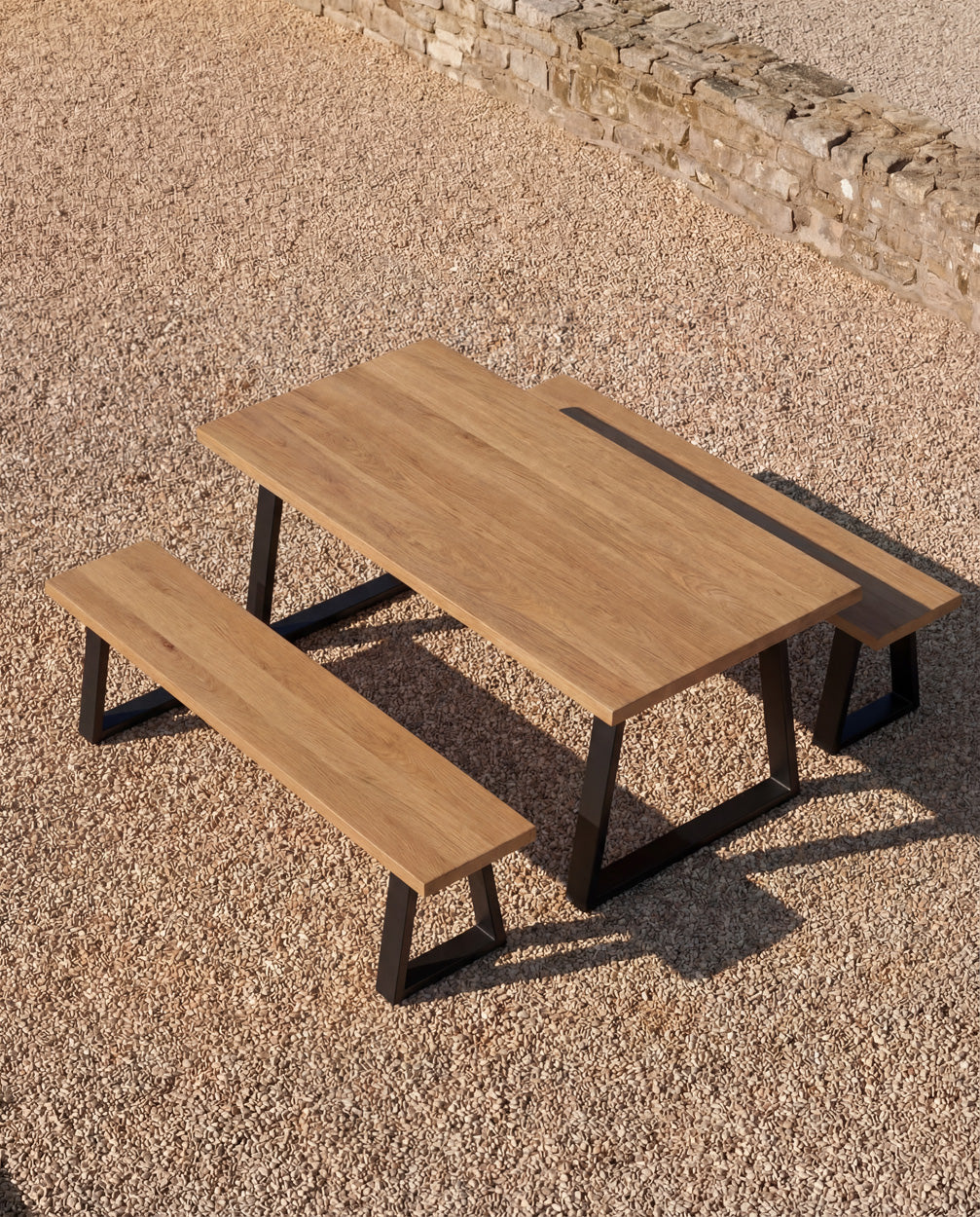 Banc en teck recyclé pieds en métal noir rectangulaire – 220x100 cm