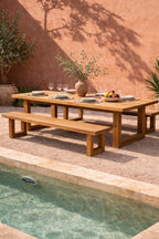 Banc en teck recyclé finition naturelle pieds ajourés – 220x100 cm