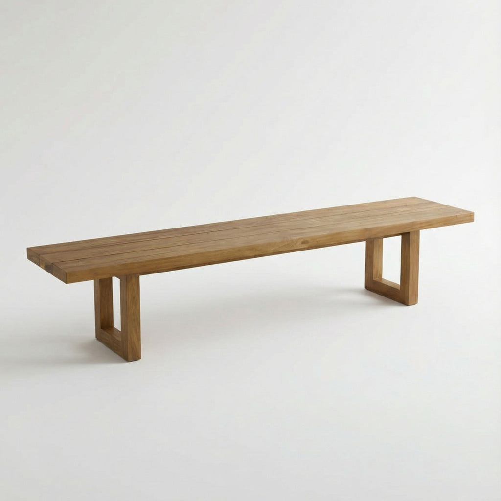 Banc en teck recyclé finition naturelle pieds ajourés – 280x110 cm