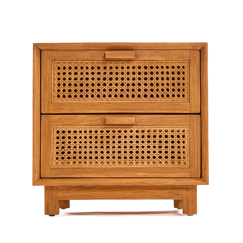 Chevet en teck et rotin naturel pour chambre 2 tiroirs – 51x48 cm