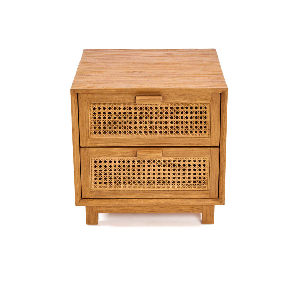 Chevet en teck et rotin naturel pour chambre 2 tiroirs – 51x48 cm