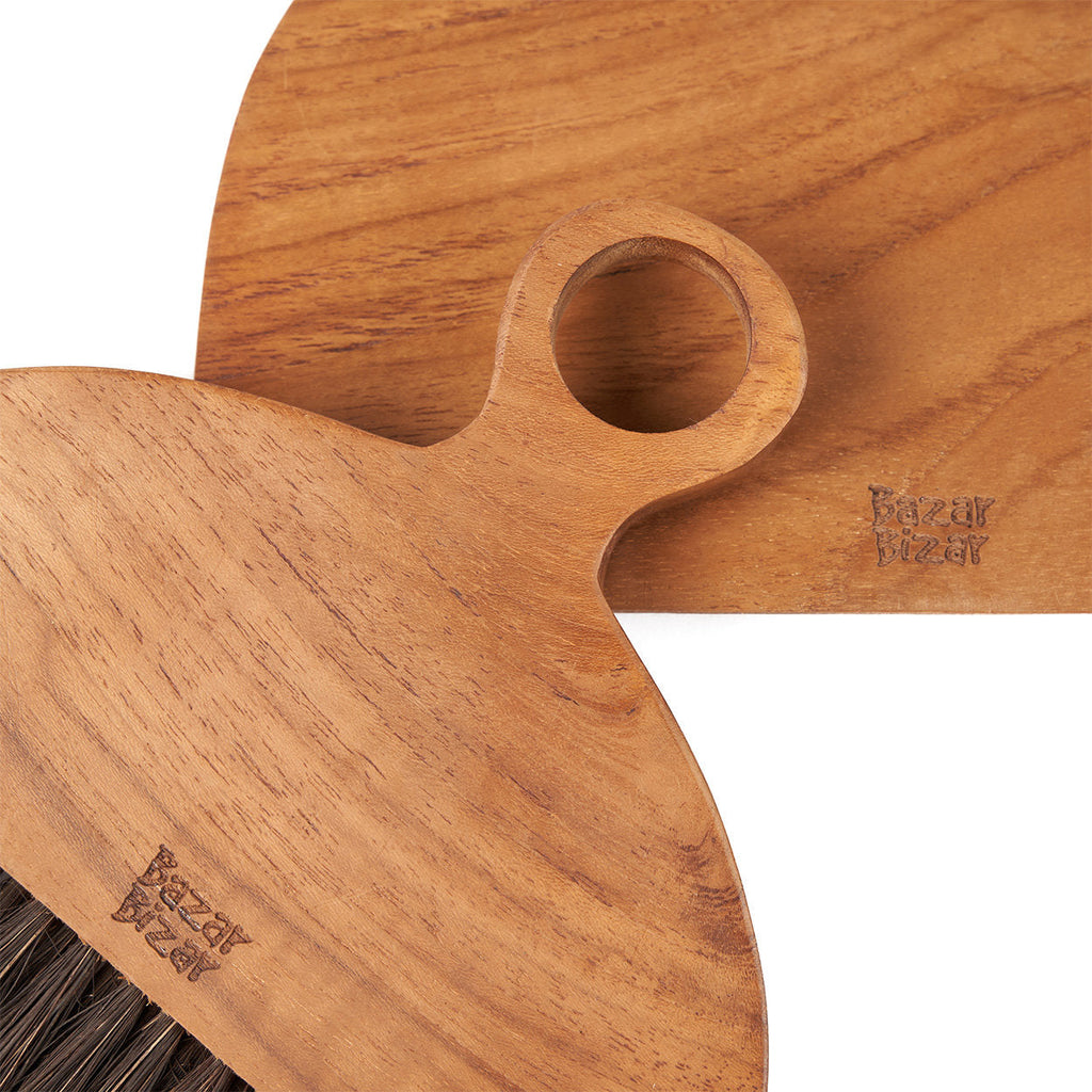 Balayette de table en bois de teck avec pelle assortie forme demi-lune