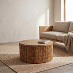 Table basse ronde en bois et fibres tressées tons naturels – Ø80 cm