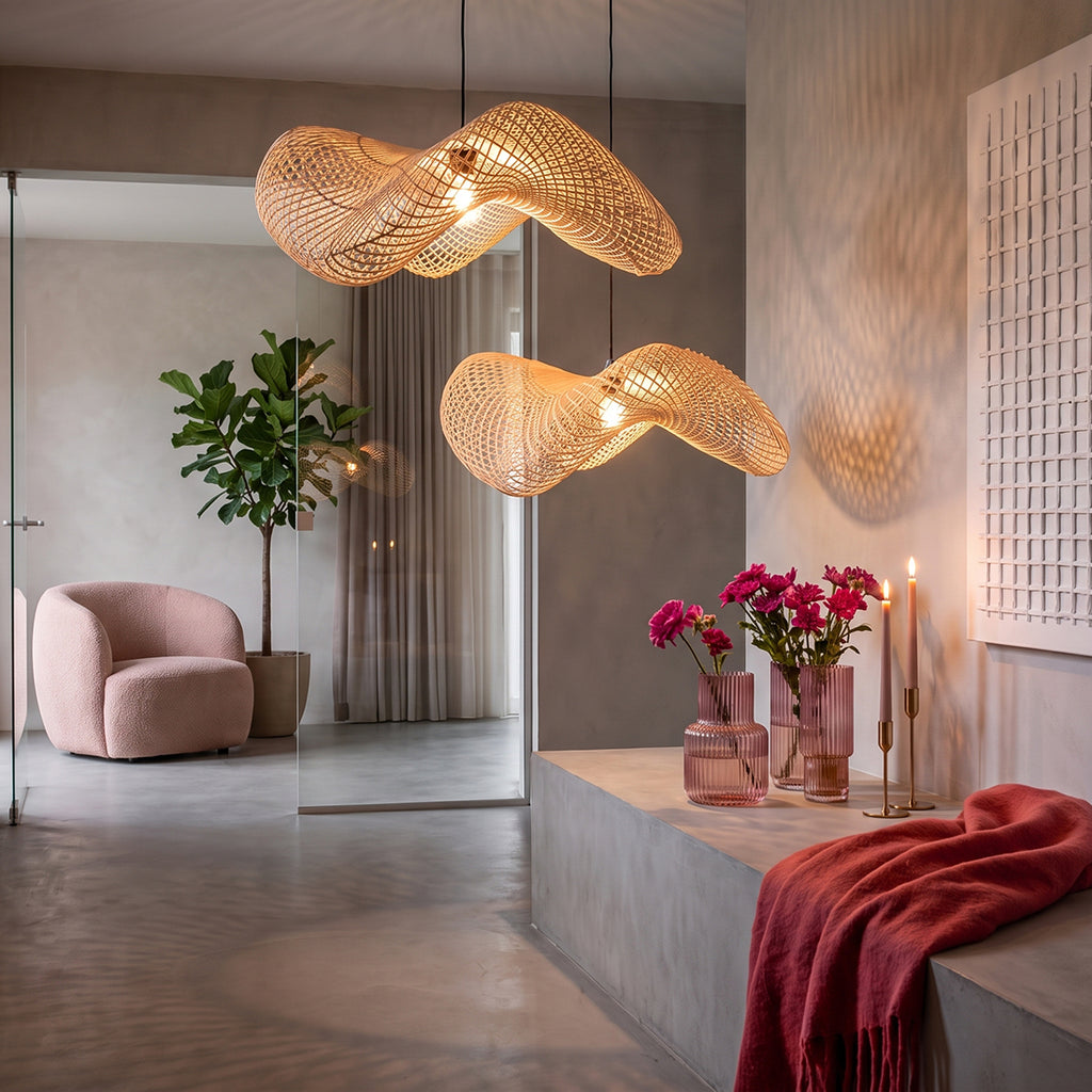Suspension en rotin ondulé tressé naturel pour salon – Ø71 cm