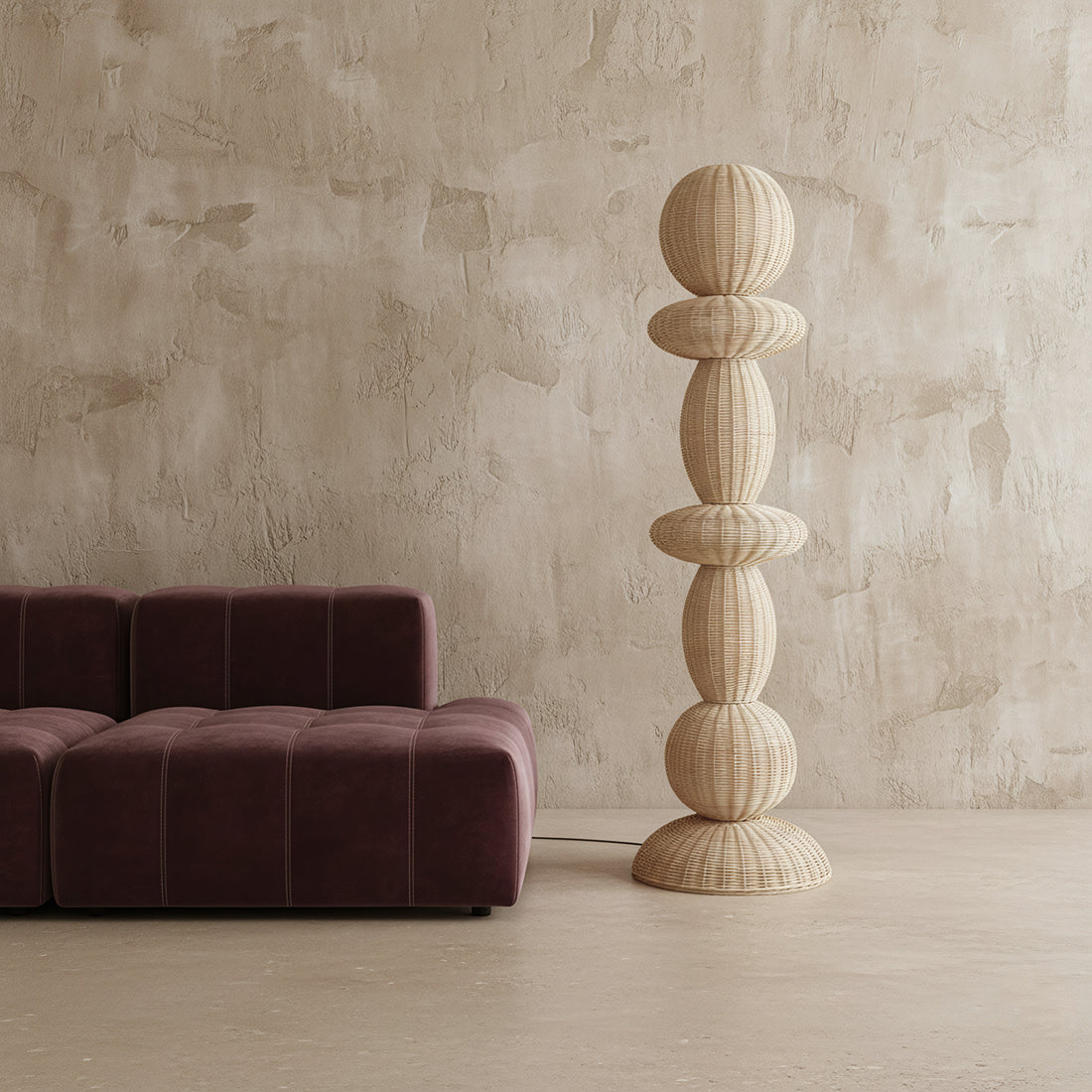 Lampadaire rotin sculpture totem beige pour salon – H175 cm