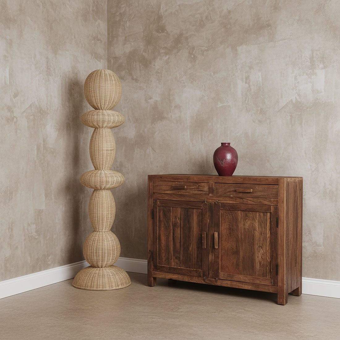 Lampadaire rotin sculpture totem beige pour salon – H175 cm