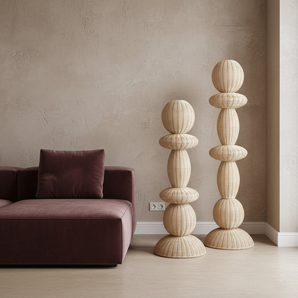 Lampadaire rotin sculpture totem beige pour salon – H175 cm