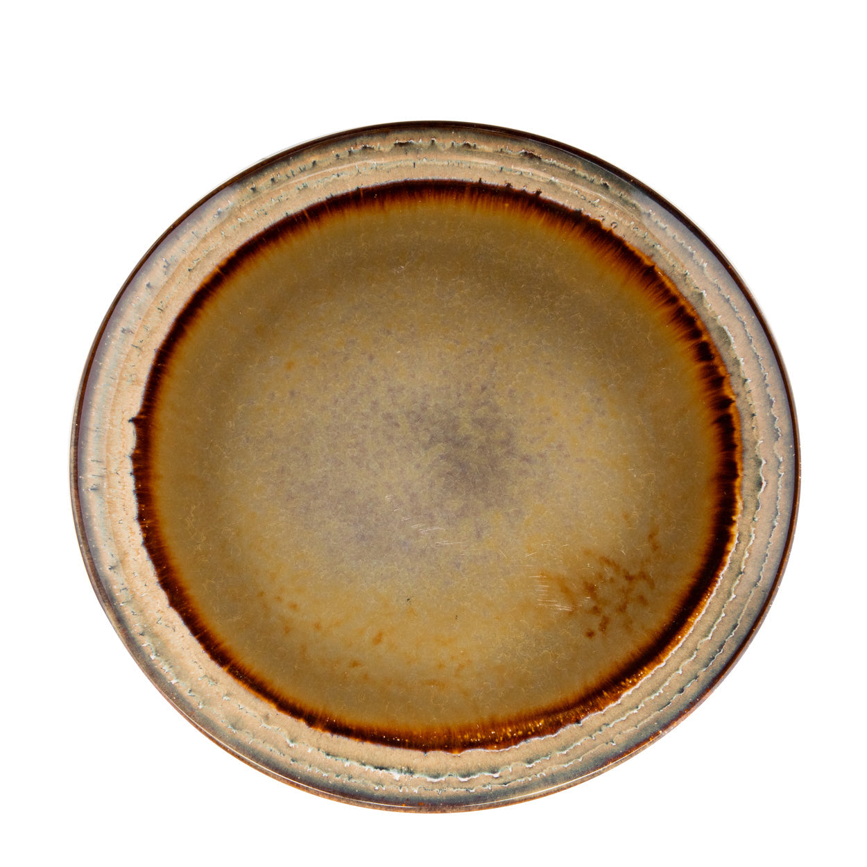 Assiette plate en grès émaillé brun dégradé au bord texturé