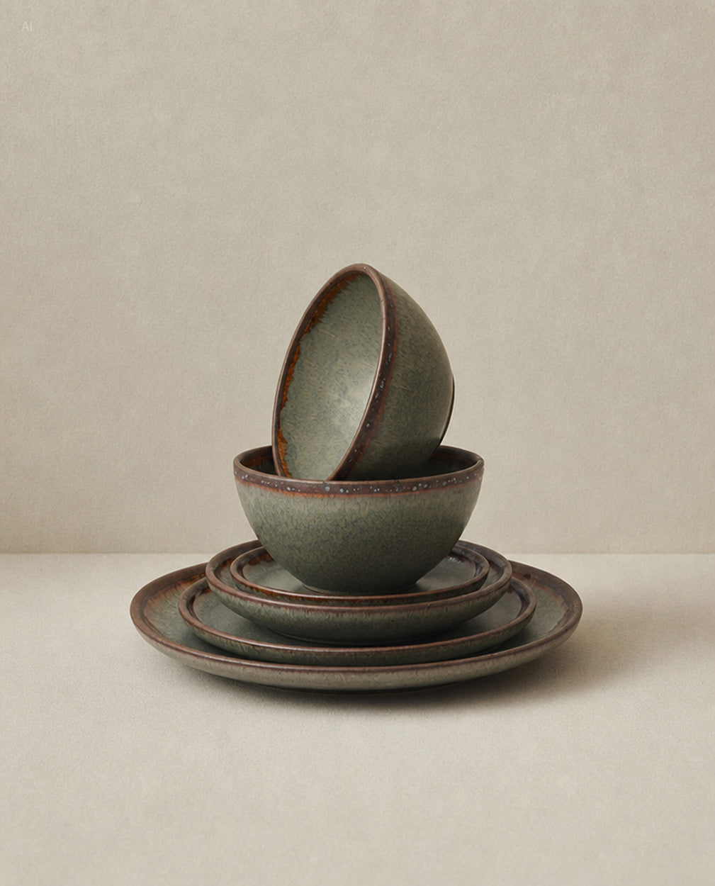 Assiette en grès émaillé ovale gris-vert à bord brun organique