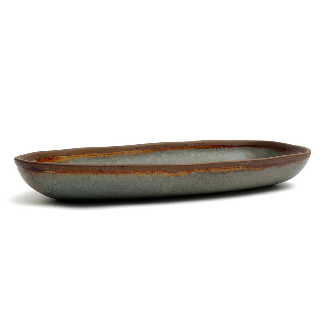 Plateau de service ovale en grès émaillé gris brun fait main – 34x16 cm