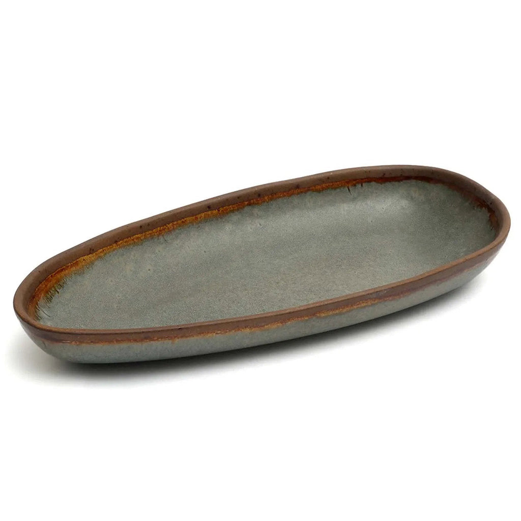 Plateau de service ovale en grès émaillé gris brun fait main – 34x16 cm
