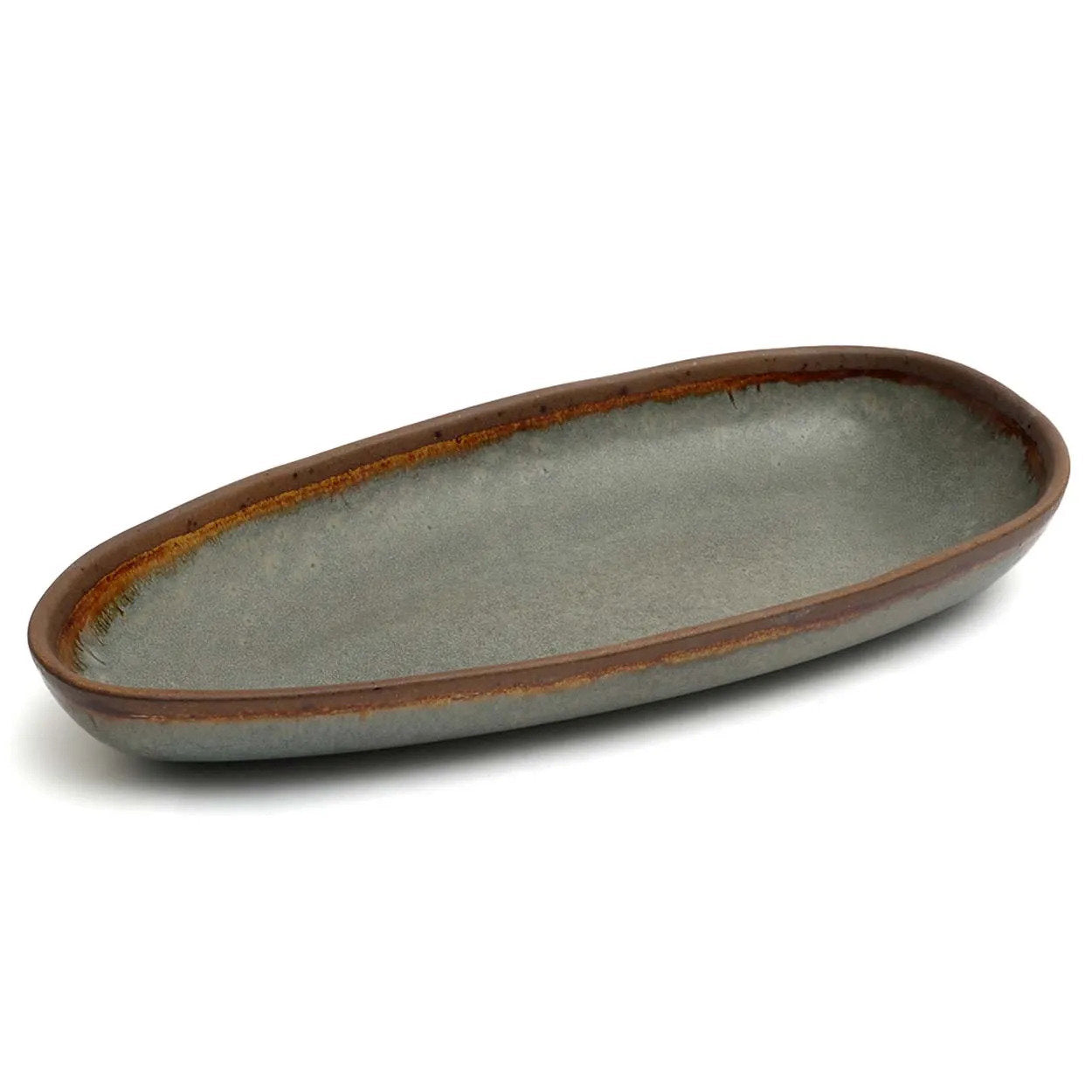 Plateau de service ovale en grès émaillé gris brun fait main – 34x16 cm