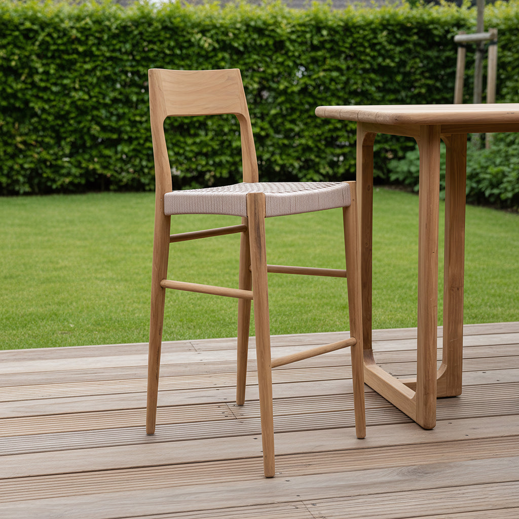 Tabouret bar teck clair corde beige extérieur – H109 cm