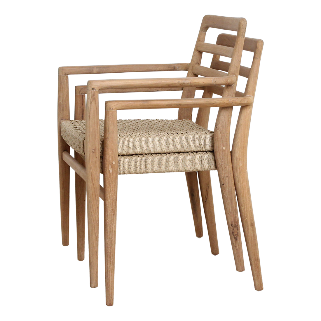 Chaises de jardin en teck naturel avec accoudoirs et assise tressée – Lot de 2