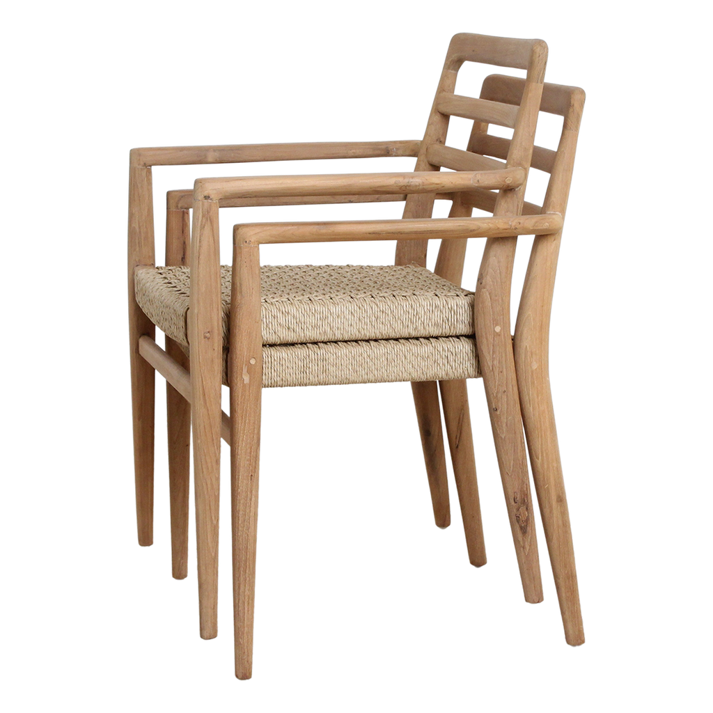 Chaises de jardin en teck naturel avec accoudoirs et assise tressée – Lot de 2