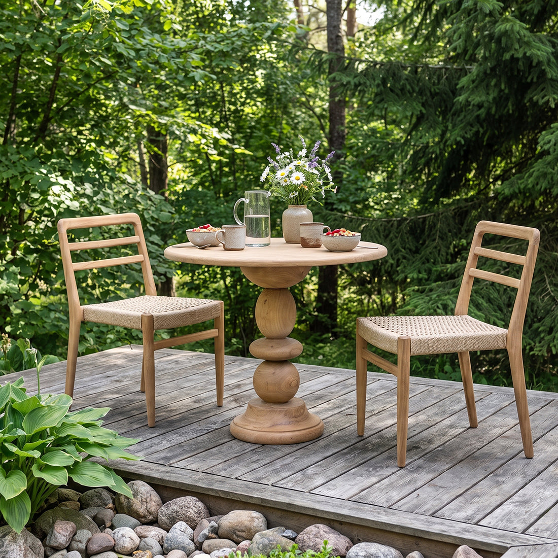 Chaise de jardin teck naturel et corde tressée - Lot de 2