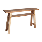Console en bois recyclé clair avec étagère – 140x30 cm