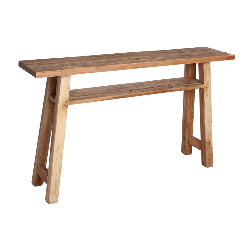 Console en bois recyclé clair avec étagère – 140x30 cm
