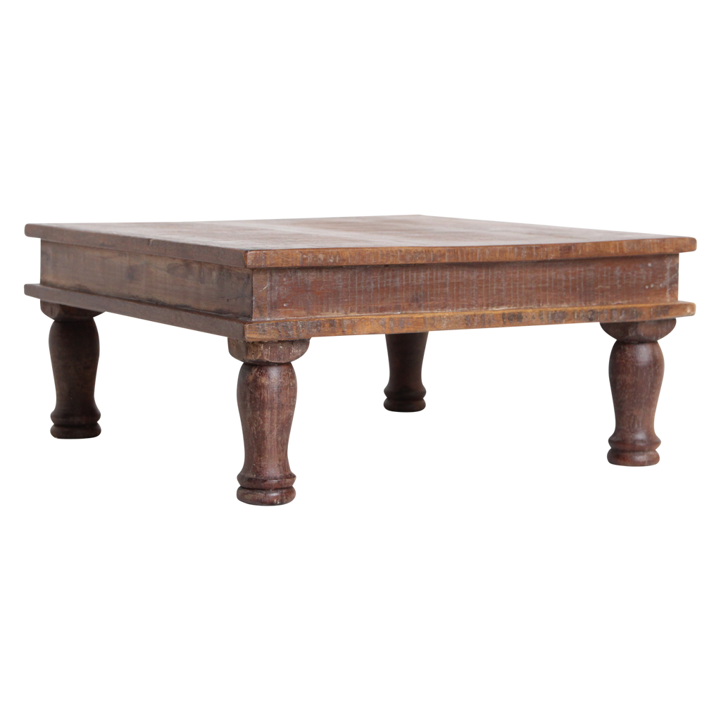 Table basse carrée en bois recyclé brun avec pieds tournés – 33x33 cm