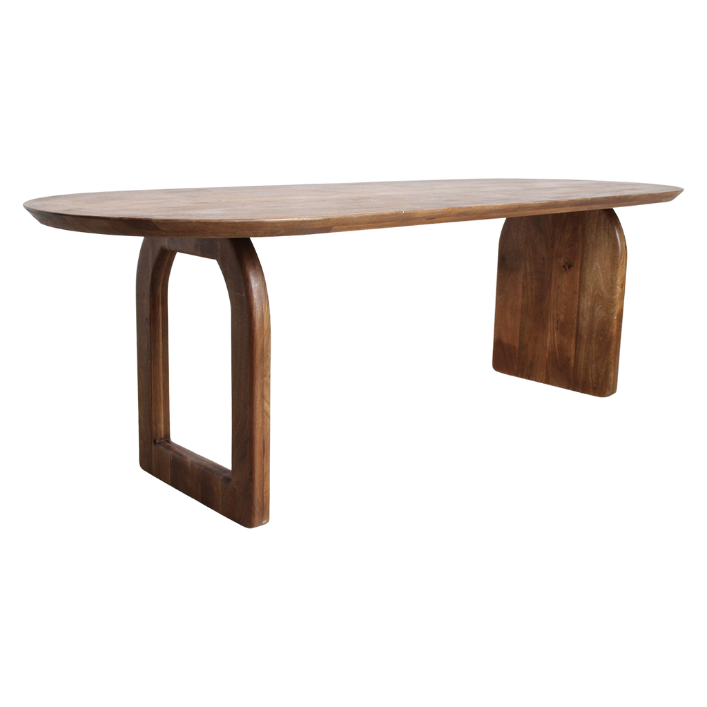Table à manger bois mangue brun arrondi base mixte – 200x90 cm