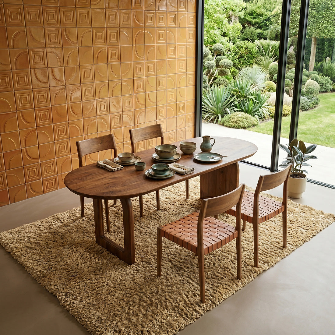 Table à manger bois mangue brun arrondi base mixte – 200x90 cm