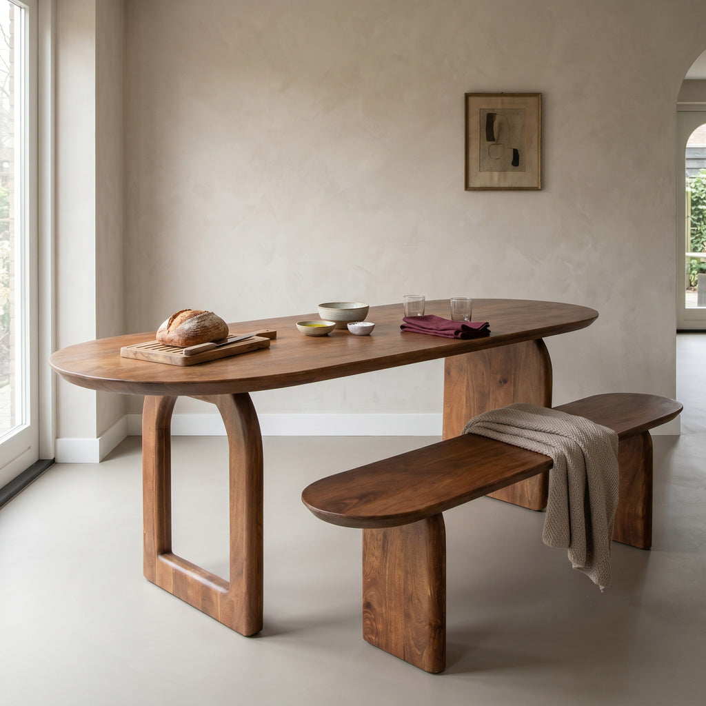 Table à manger bois mangue brun arrondi base mixte – 200x90 cm