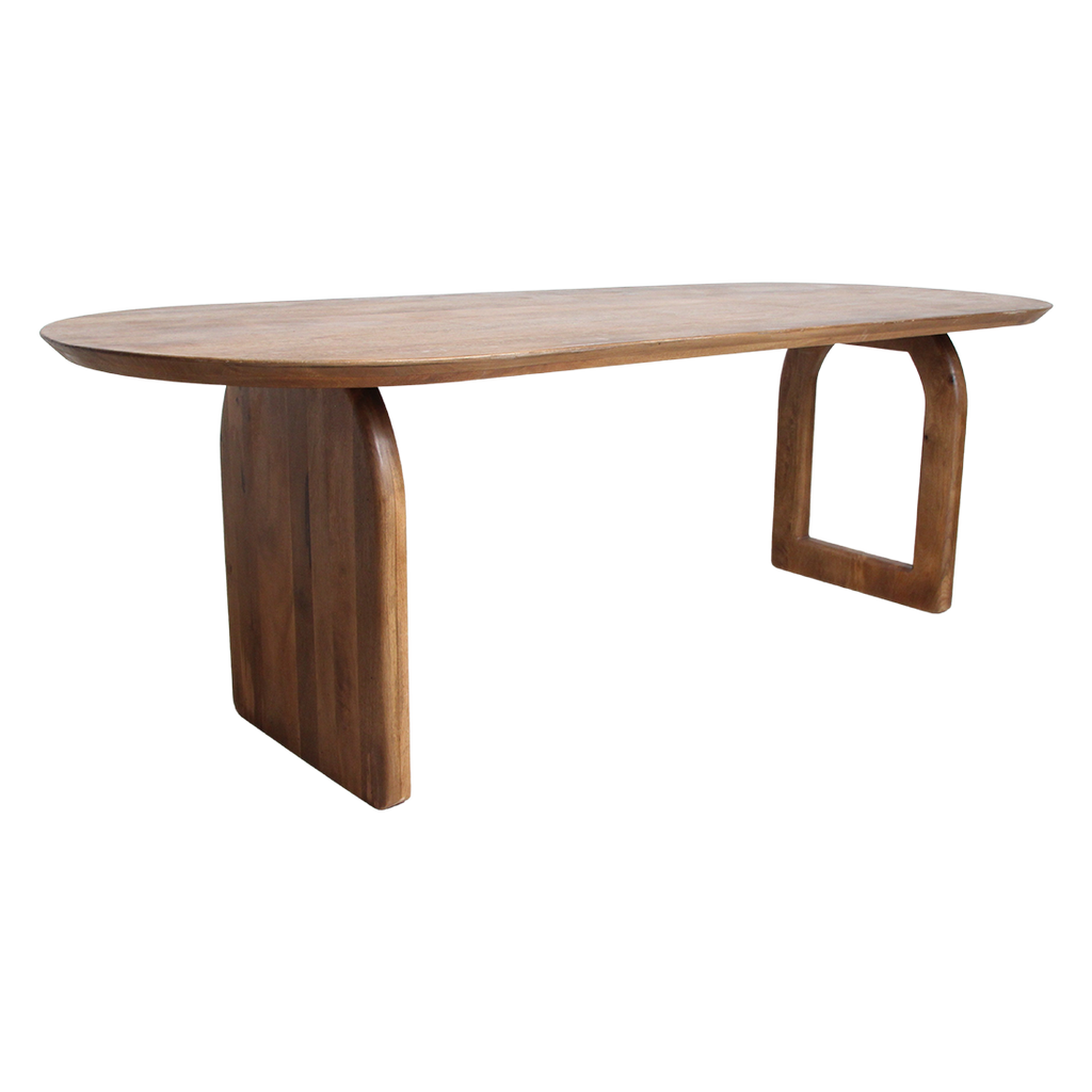Table à manger bois mangue brun arrondi base mixte – 200x90 cm