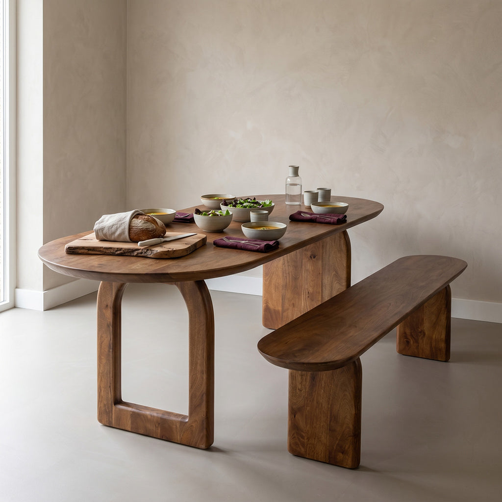 Table à manger bois mangue brun arrondi base mixte – 200x90 cm