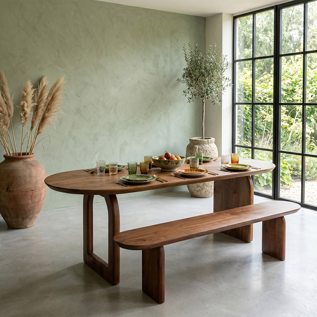 Table à manger en bois de manguier brun plateau arrondi – 240x90 cm