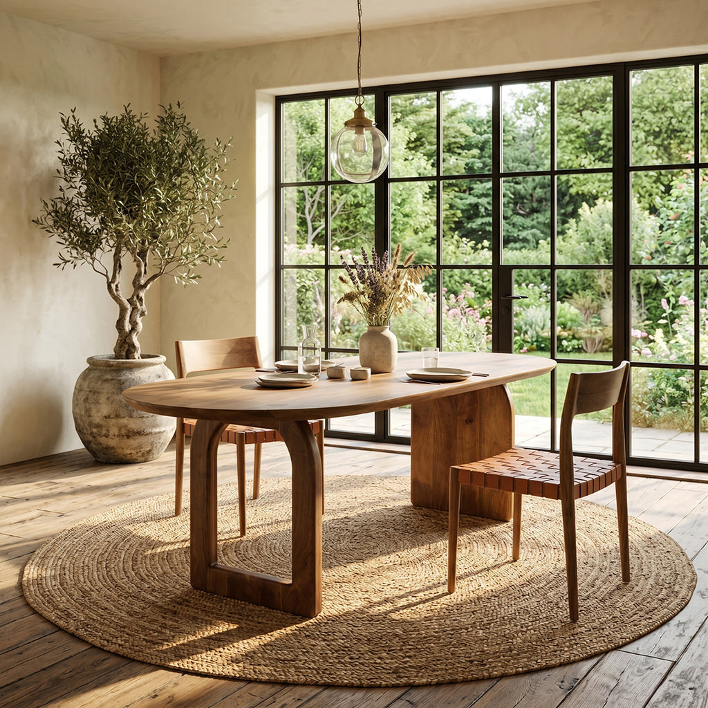 Table à manger en bois de manguier brun plateau arrondi – 240x90 cm
