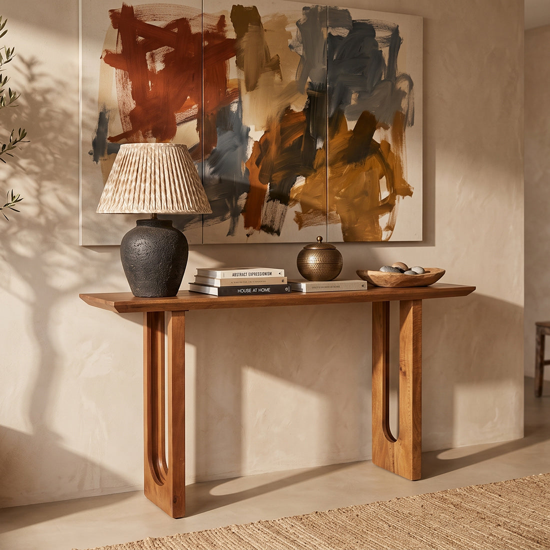 Table console bois de manguier brun pieds ajourés – 140x40 cm