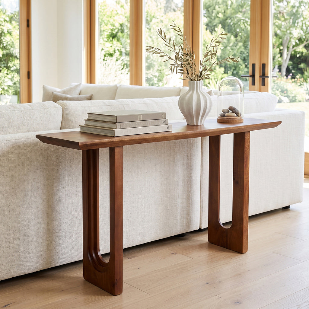 Table console bois de manguier brun pieds ajourés – 140x40 cm