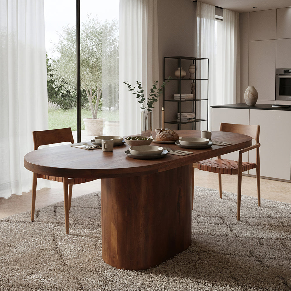 Table à manger ovale en bois de manguier brun pied central – 180x110 cm
