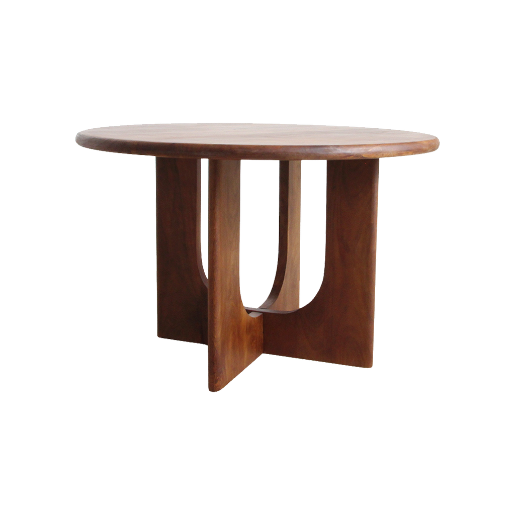 Table ronde en bois massif brun pied sculptural croisé – Ø120 cm