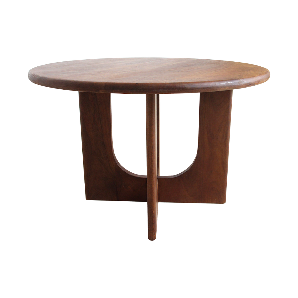 Table ronde en bois massif brun pied sculptural croisé – Ø120 cm