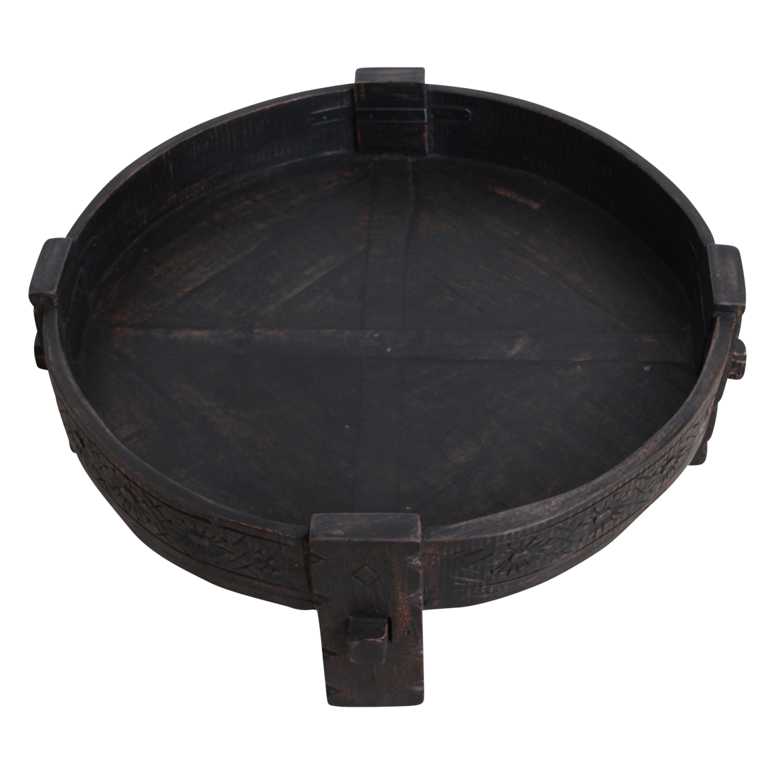 Table basse ronde en bois sculpté noir patiné – Ø73 cm