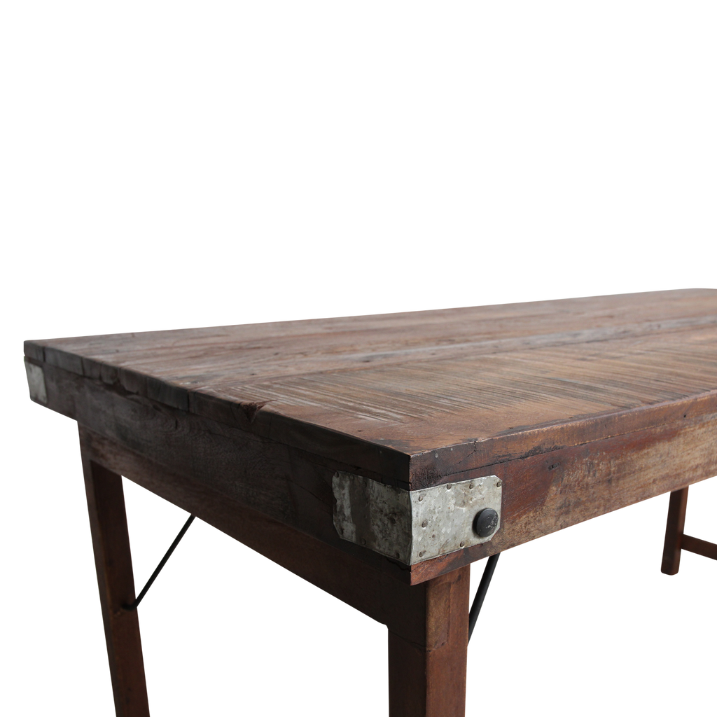 Table à manger en bois recyclé brun et métal vintage – 165x75 cm