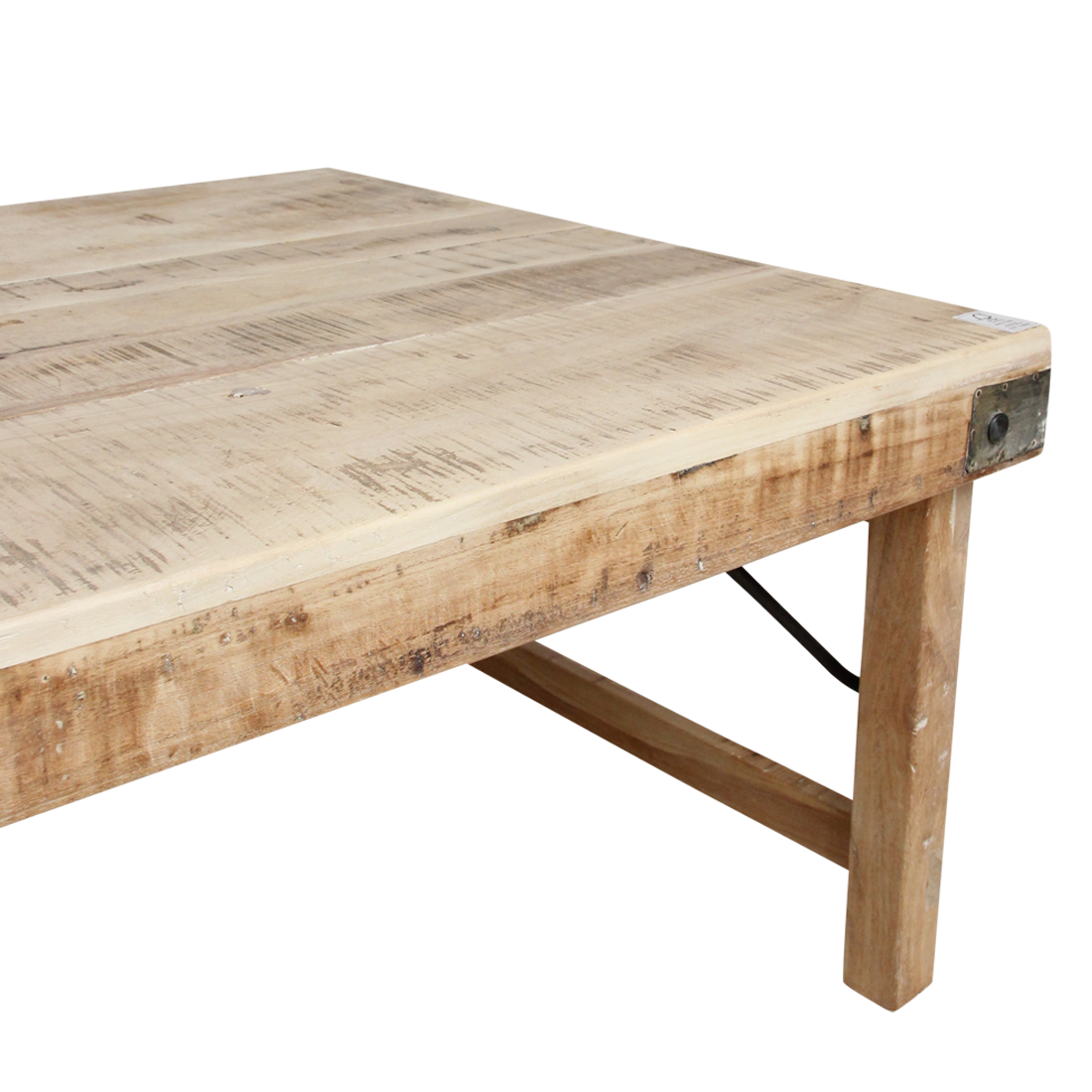 Table basse rectangulaire en bois naturel avec renforts métalliques – 120x75 cm