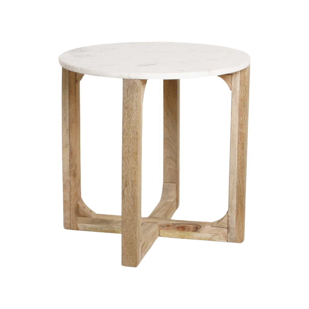 Table d’appoint ronde marbre blanc et bois clair – Ø50 cm