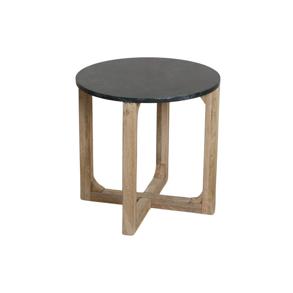 Table d’appoint ronde en marbre vert et bois clair – Ø50 cm