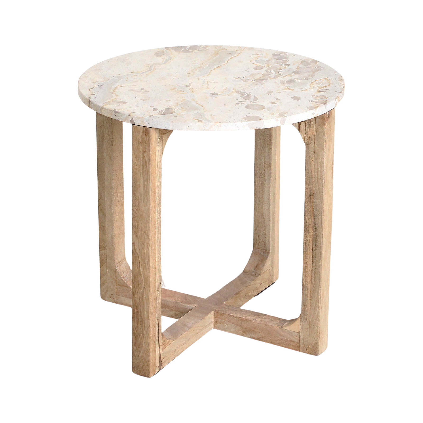 Table d'appoint ronde marbre crème et bois naturel pour salon – Ø50 cm