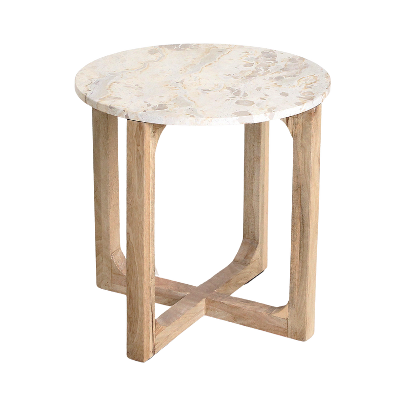 Table d'appoint ronde marbre crème et bois naturel pour salon – Ø50 cm