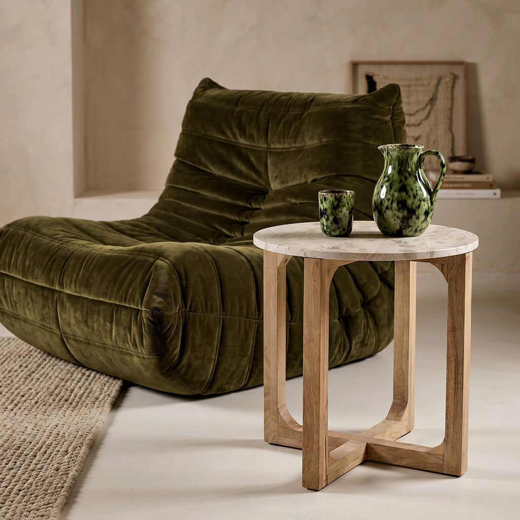 Table d'appoint ronde marbre crème et bois naturel pour salon – Ø50 cm