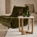 Table d'appoint ronde marbre crème et bois naturel pour salon – Ø50 cm