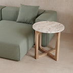 Table d'appoint ronde marbre crème et bois naturel pour salon – Ø50 cm