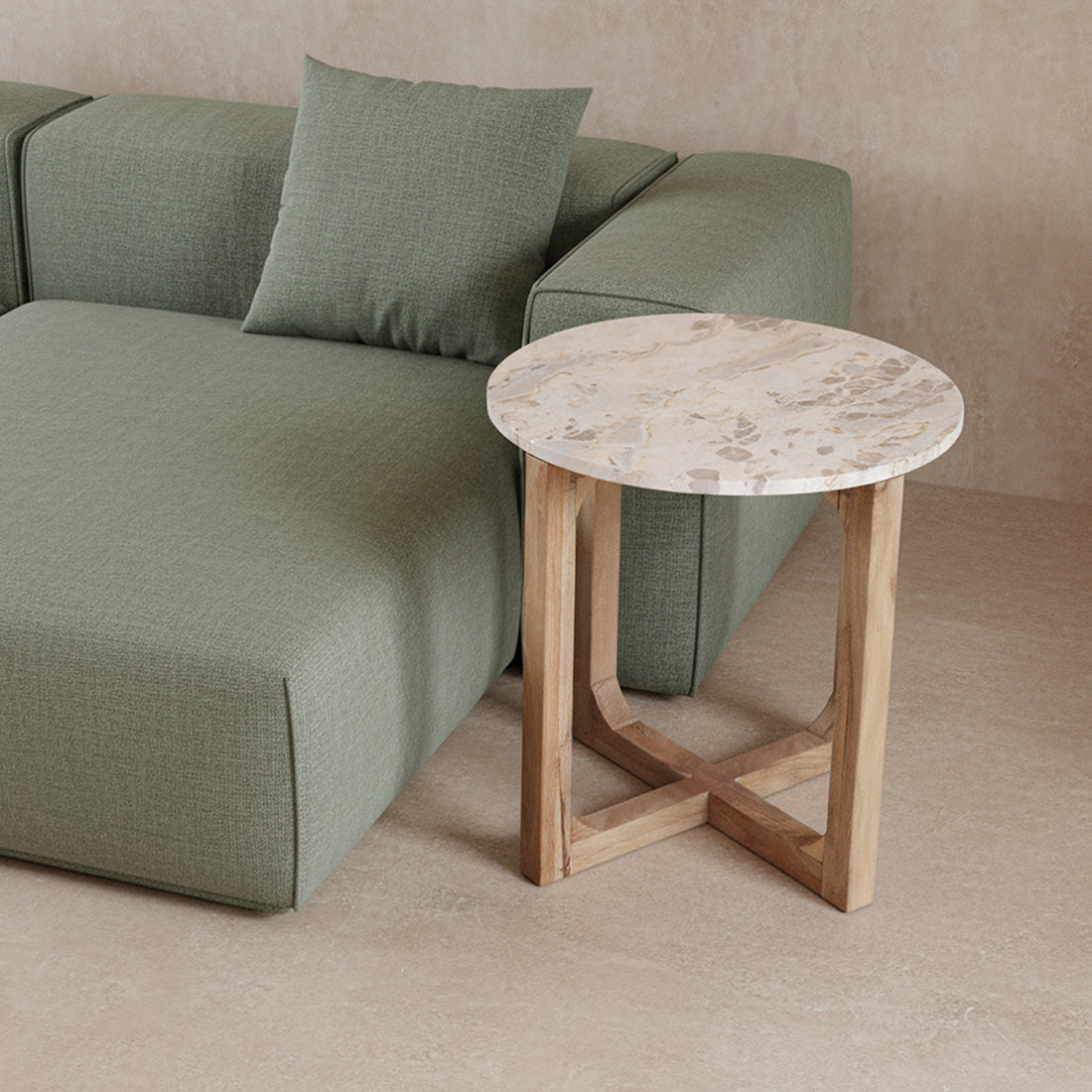 Table d'appoint ronde marbre crème et bois naturel pour salon – Ø50 cm
